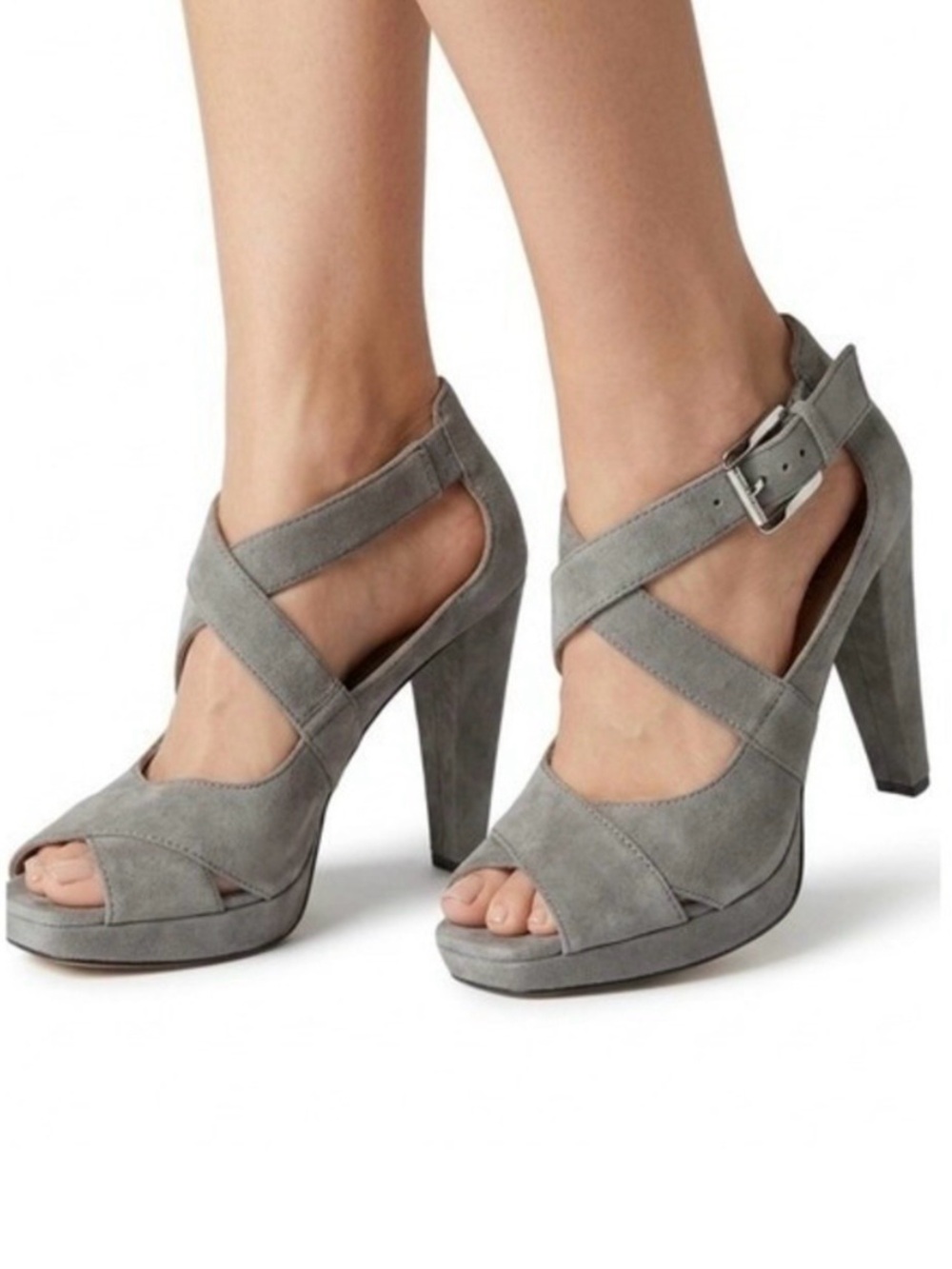 Michael Kors Platform Heels Grey Suede Shoes Peep Toe Leather Fall Autumn Size 7